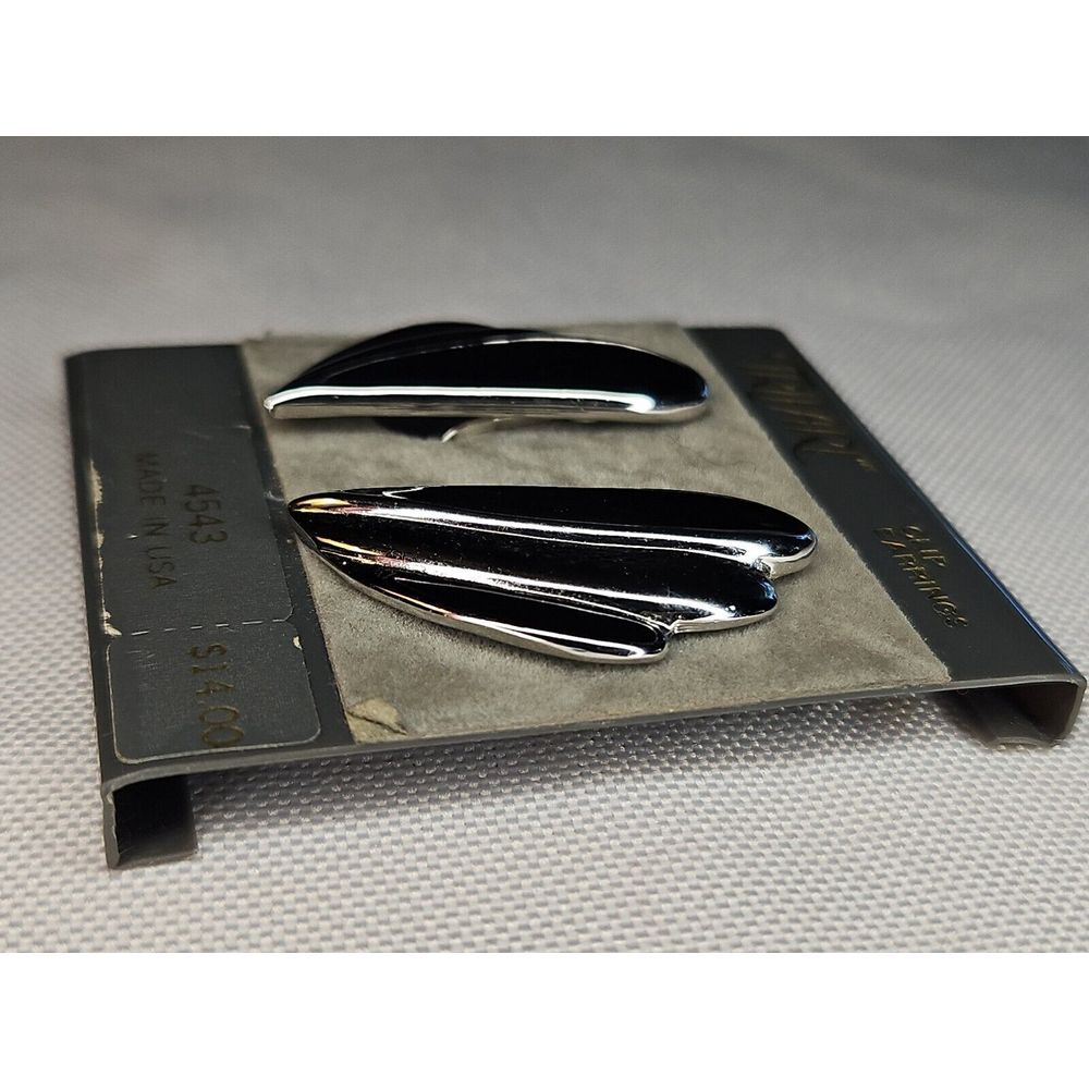 Vintage Trifari Clip-On FAN EARRINGS Teardrop Black & Silver 80s New Old Stock - Picture 4 of 7